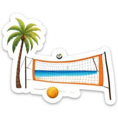 A volleyball resting on the orange sand of a beach, with a volleyball net in the background. The scene captures a sunny beach atmosphere with clear blue sea and sky, palm trees swaying, and people in swimsuits enjoying the vibrant surroundings sticker