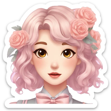 Gorgeous pastel anime style lady with blushing face and flowers and laces and bow ties and pretty hair aesthetic trending style sticker