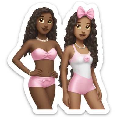 two teenage Latina best friends wearing pink. Long hair. Pink bows. Pearls. Light pink. Diamonds outfits. Two piece swimsuit sticker