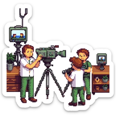 collaboration équipe de tournage with multiple members including caméraman, preneur de son, réalisateur working together around a broadcast camera, dynamic atmosphere, wide shot, team spirit in pixel art style sticker