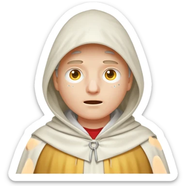 classic apple emoji guy wearing a white hooded cloak with holes to allow his eyes to see through sticker