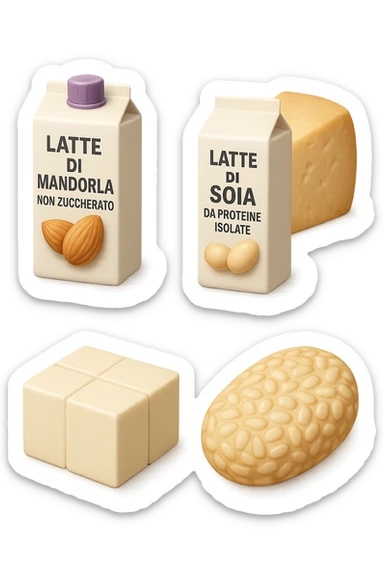 emoji stile iphone 3d di Latte e yogurt delattosati in italiano
Latte di mandorla (non zuccherato)
Latte di soia da proteine isolate
Formaggi stagionati (es. parmigiano)
Tofu compatto e tempeh
 che fluttuano in aria, iperealistico 4k sticker