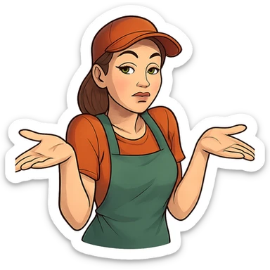 В позе этого мема сгенерируй типичную молодую российскую продавшицу в продуктовом магазине c слегка увеличенным губами, накрашенными глазами, которая недоуменно но при этом хитровато разводит руками, слегка рисованный, но при этом объемный стиль, прозрачный фон sticker