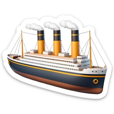 A miniature 3D Titanic ship emoji in Apple style, small and compact with smooth glossy surface, bright clean colors, simplified but recognizable details like smokestacks and windows, no facial features, floating on calm ocean, soft shadows, high-quality render, isolated on white background.



 sticker