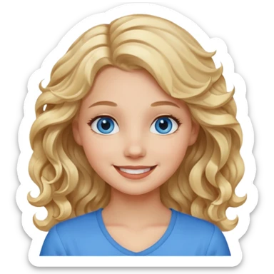 Please generate an image of a girl. She has blue eyes, blond, wavy hair, and is smiling. sticker