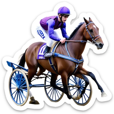 A high-speed harness racing scene featuring a powerful brown trotting horse. The horse is in full stride with its front right leg extended forward and back left leg extended backward. The sulky, a lightweight two-wheeled cart, is painted in blue and attached to the horse’s harness. A jockey, dressed in a vibrant purple, is seated in the sulky, gripping the reins tightly and wearing a purple helmet with goggles. sticker