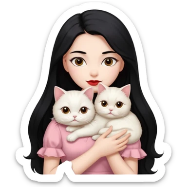 Beautiful Girl Long Hair black, Brows Big , Skin White, Dress Pale Pink , Big Red Lips, EyesCoffe , Hug Little baby Persa Cream Cat With Cute Eyes sticker