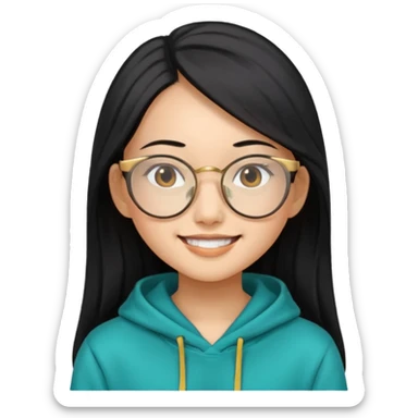 generate a smiling chinese female with long black hair, golden rim glasses, and a teal hoodie sticker