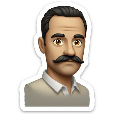 A man tht have prominent and rather large forehead, a dark, slicked-back hairstyle, and a distinctive mustache. His facial features, often depicted in historical photographs and films, include a stern expression with piercing eyes and a prominent nose sticker