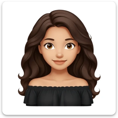 modern emoji of a young woman with medium skin tone, long wavy dark brown hair, black off-shoulder top, soft friendly smile, expressive eyes, clean warm charming style, relaxed confidence, light neutral color background sticker