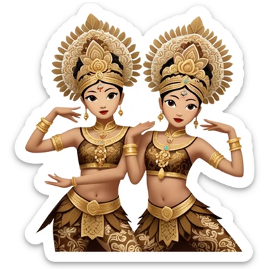 ​Cinematic Realistic Traditional Javanese Dancers, depicted as two graceful dancers in ornate traditional costumes with intricate batik patterns and elaborate headpieces, captured in dynamic poses during a ritual dance in an ancient temple courtyard, rendered with soft golden lighting and rich cultural textures, sticker