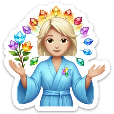 a being made of light of light with a robe on made of light and who is lanky holding a bouquet of crystal flowers on rainbow fire sticker