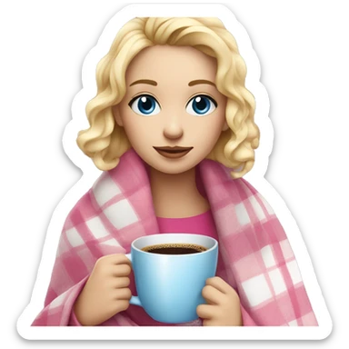 cute blonde girl wrapped in pink plaid blanket drinking coffee blue eyes sticker