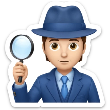 detective in blue suit and blue hat brown hair white skin with big mangifier in his hand looking trough the magifier sticker
