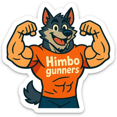 extremely muscular wolf furry, flexing with both arms, wearing a t-shirt that says 'Himbo gunners', cheerful expression sticker