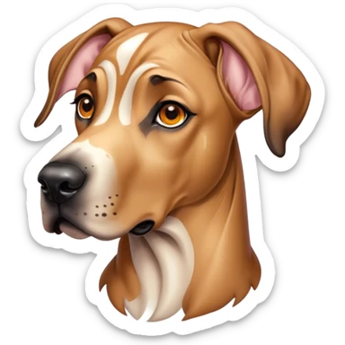 Cinematic Cute Fawn Great Dane Portrait Emoji, Head tilted playfully and inquisitively, showcasing a glossy fawn coat with a subtle luster, round, sparkling amber eyes filled with curiosity, Simplified yet irresistibly adorable features, highly detailed, glowing with a warm, friendly glow, high shine, affectionate and gentle, stylized with a touch of whimsy, bright and endearing, soft glowing outline, capturing the essence of a mischievous yet loving pup, so playful it feels like it could lumber out of the screen and into your arms! sticker