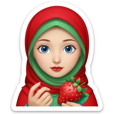 Turkish beautiful finish Konya girl blue eyes with red light green hijab islamic dress and had on her hand strawberry  sticker