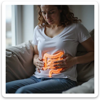 adult woman, photorealistic, intestinal problems, sitting on sofa with hands on abdomen, intestine illustrated in transparency, painful expression, natural light, home background sticker