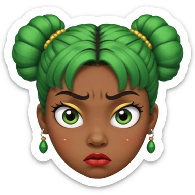 Create a 3D cartoon-style girl character with dark skin, round face, angry expression, big wide eyes, and tightly styled double buns made of green beaded hair. The girl should look irritated, eyebrows sharply angled, and lips pressed in a frown. sticker