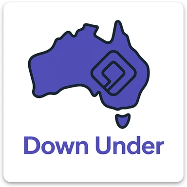 Add the wording 'Down Under' in a clean, modern font below the map of Australia with the official Microsoft Power Pages icon overlay. Use #403DAD as the main color, no digital web overlay sticker