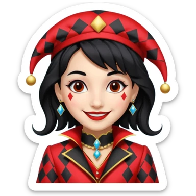 Jester girl, black and red suit, black hair, harley quinn sticker