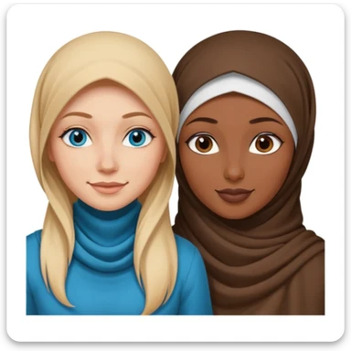 white girl with long blonde hair, blue eyes, tattoos, a septum nose piercing next to a dark skinned woman in a hijab with brown eyes sticker