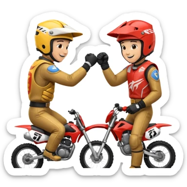 2 dirtbike racers in gear and gloves fist bumping sticker