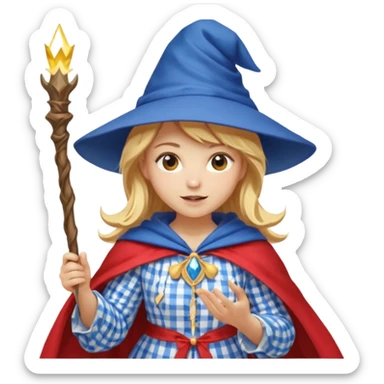 young woman mage with golden blonde hair, red and white gingham dress, blue cloak and pointy hat, casting a spell, emoji style sticker
