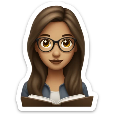 Girl with long brown hair and hazel eyes with brown glasses reading a kindle sticker