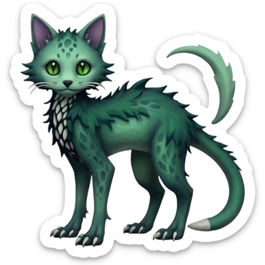 Scaley Kawaii spectral spooky dark bleak blackish swampy white-skeletal gloomy ghostly dark greyish dark-deep-greenish foggy eldritch beautiful realistic edgy fantasy ghoul-like stitched feline-vernid-sergal-fursona animal creature with a tufted tail full body with intricate markings  sticker