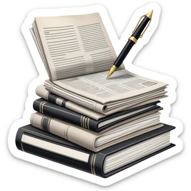Create an emoji representing journalism and publicistic writing. The design should feature a stack of newspapers as the base, with an open working notebook placed on top of them. A single fountain pen should rest at the very top on the notebook, symbolizing the act of writing. Use neutral, professional colors like black, white, and muted tones to convey a sense of seriousness and intellect. Do not include any emojis or smiley faces. Make the background transparent. sticker