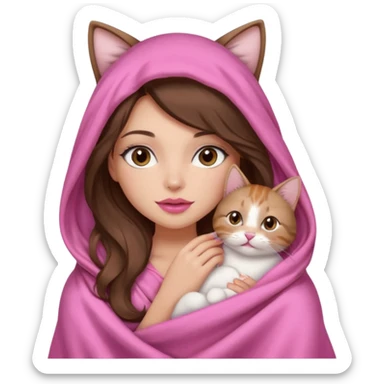 girl with long wavy brown hair, brown eyes, long lashes makeup, sexy pink lips, light to medium complexion, wearing a pink sexy silk top, big blanket over the head cozy holding a cat,  sticker