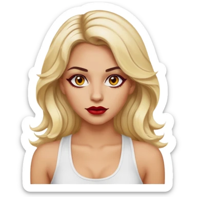 a woman with white tank top her hair is long wavy blonde hair, her face is baddie girl style, her eyes color are yellow and the color of her lip is red maroon sticker