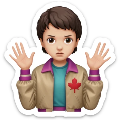 Eleven from Stranger Things, nosebleed, psychic pose, 80s jacket sticker