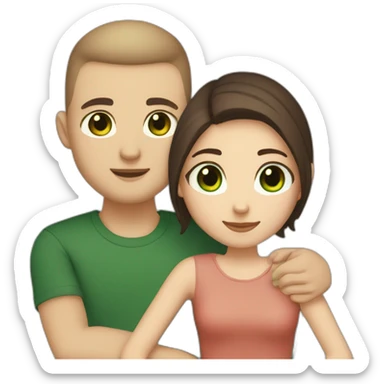 white skin Boyfriend with a light brown buzzcut and green eyes and medium length dark brown hair girlfriend with black eyes hugging sticker