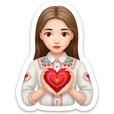 Beautiful young girl in a white Ukrainian embroidered shirt holds a large embroidered heart in her hands sticker