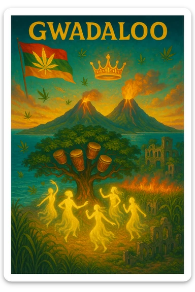 “Depict a mystical reimagining of Guadeloupe, a sacred French Caribbean island renamed Gwadaloo in spiritual rhythm. The landscape blends lush green mountains, twin volcanoes erupting golden light, and deep turquoise sea. In the center stands a legendary Drum Tree — its branches grow carved wooden drums instead of fruit, and glowing ancestral spirits dance around it in a circle of rhythm. Sugarcane fields burn gently in the background, symbolizing the release of colonial pain, while ganja leaves drift in the wind like blessings. Overhead, a sacred ganja-leaf flag flutters in the sky with red, green, and gold colors. A Creole crown floats in golden light above the island, not on any man’s head, but pulsing to the beat of the land. In the distance, ghostly ruins of colonial buildings crumble into dust, reclaimed by vines and time. Use a vibrant, cinematic color palette with warm golden light, deep greens, glowing reds, and ocean blues. Style the scene as prophetic, surreal, and empowering — a vision of Caribbean sovereignty, rhythm, and soul remembrance." sticker