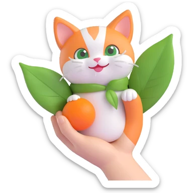 3D iOS style hand holding a small round orange and white cat wrapped in a green leaf, cute happy face sticker