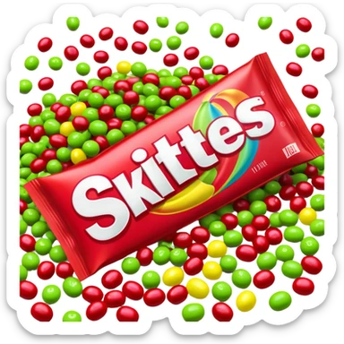 Original red Skittles package opened with logo visible, with only lime green Skittles candies spilling out, no other colors of candy sticker