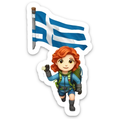 Female winter mountain climber red hair white skin climbing with Greek Flag and Easter eggs basket sticker