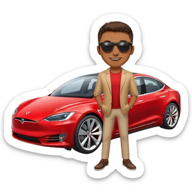 Smiling man on red Tesla sticker