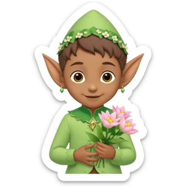 Tiny elf baby brown skin with pointy ears and hat, pastel green outfit, hold flowers sticker