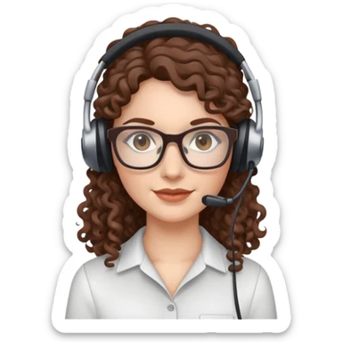 White female  Long Brown curly hair  Dark brown eyes  Square glasses  Headset  sticker