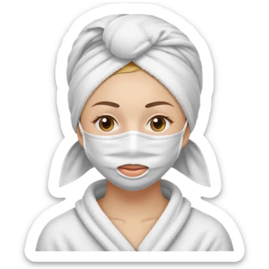 Mujer con toalla en la cabeza y con una mascarilla en la cara y con una toalla en el cuerpo sticker