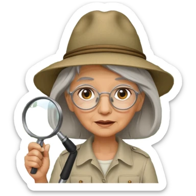 an old woman with jungle and magnifying glass sticker