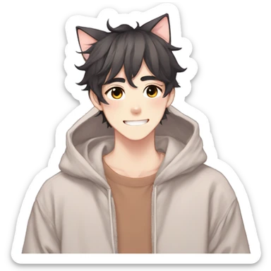 Gorgeous anime style shojo guy with cat ears and blushing face and hoodie aesthetic trending style outside sticker
