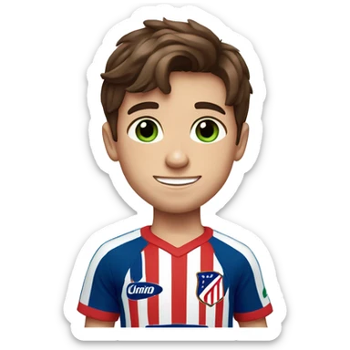 A boy with brown hair, green and blue eyes, and a atlético de Madrid Shirt sticker