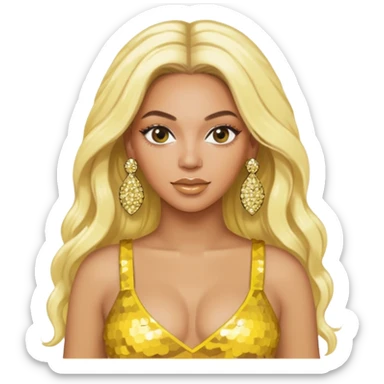 Beyonce with long platinum blonde hair, yellow sequin crop top, yellow earring sticker