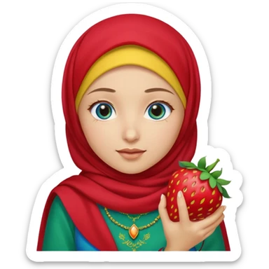 Turkish beautiful finish Konya girl blue eyes with red yellow green hijab islamic dress and had on her hand strawberry  sticker