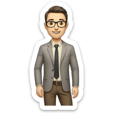 Pale skinned fit man with dark brown hair in gray jacket, beige office shirt, brown tie, brown pants and vintage glasses Writing on the marker board sticker